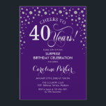 サプライズ40th誕生日パーティー – パープルシルバー 招待状<br><div class="desc">サプライズ40th誕生日パーティの招待状。紫エレガントとグリッター銀のフェイクデザイン。スクリプトフォントとダイヤモンド紙吹雪の機能。応援40年！メッセージもしの詳細なカスタマイズが必要。</div>