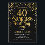 サプライズ40th誕生日パーティー – ブラック&金ゴールド 招待状<br><div class="desc">サプライズ40th誕生日パーティの招待状。黒エレガント色のデザインとフェイクグリッター金ゴールド。スクリプトスタイリッシュのフォントと紙吹雪の機能。メッセージもしメッセージはカスタム年齢。</div>