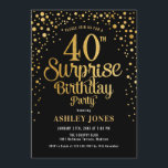 サプライズ40th誕生日パーティー – ブラック&金ゴールド 招待状<br><div class="desc">サプライズ40th誕生日パーティの招待状。黒エレガント色のデザインとフェイクグリッター金ゴールド。スクリプトスタイリッシュのフォントと紙吹雪の機能。メッセージもしメッセージはカスタム年齢。</div>
