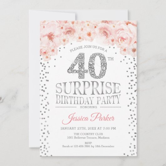 サプライズ40th誕生日パーティー – ホワイトシルバーピンク 招待状 (正面)