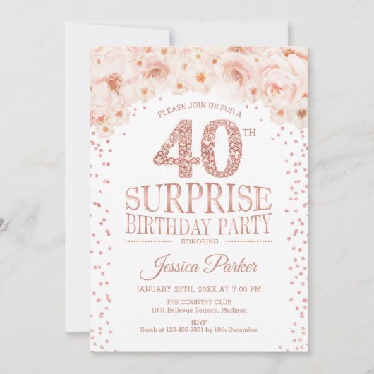 サプライズ40th誕生日パーティー – ホワイトローズ金ゴールド 招待状 (正面)