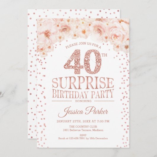 サプライズ40th誕生日パーティー – ホワイトローズ金ゴールド 招待状 (正面/裏面)