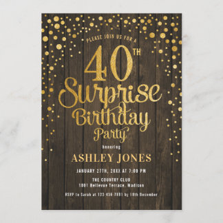 サプライズ40th誕生日パーティー – 木材と金ゴールド 招待状
