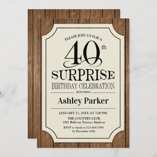 サプライズ40th誕生日パーティー – 木目パターン 招待状 (正面/裏面)