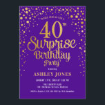 サプライズ40th誕生日パーティー – 紫と金ゴールド 招待状<br><div class="desc">サプライズ40th誕生日パーティの招待状。紫エレガントと王室のグリッターのフェイク金ゴールドのデザイン。スクリプトスタイリッシュのフォントと紙吹雪の機能。メッセージもしメッセージはカスタム年齢。</div>