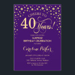 サプライズ40th誕生日パーティー – 紫金ゴールド 招待状<br><div class="desc">サプライズ40th誕生日パーティの招待状。紫エレガントと王室のグリッターのフェイク金ゴールドのデザイン。スクリプトフォントとダイヤモンド紙吹雪の機能。応援40年！メッセージもしの詳細なカスタマイズが必要。</div>