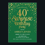 サプライズ40th誕生日パーティー – 緑と金ゴールド 招待状<br><div class="desc">サプライズ40th誕生日パーティの招待状。エレガントデザインの森の緑とフェイクグリッター金ゴールド。スクリプトスタイリッシュのフォントと紙吹雪の機能。メッセージもしメッセージはカスタム年齢。</div>