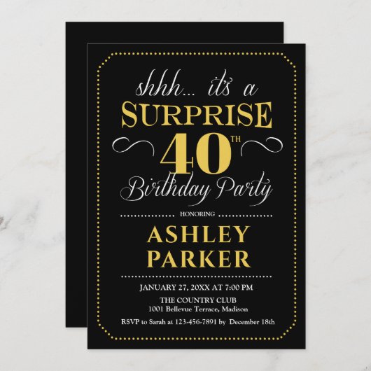 サプライズ40th誕生日パーティー – 黒金ゴールド 招待状 (正面/裏面)
