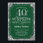 サプライズ40th誕生日パーティー- Silver Green 招待状<br><div class="desc">サプライズ40th誕生日お祝い招待状。暗エレガントい森の緑とグリッター銀のパタフェイクーンの上品なデザイン。機能スクエレガントリプトフォントメッセージもしの詳細なカスタマイズが必要。</div>