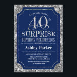 サプライズ40th誕生日パーティー- Silver Navy Blue 招待状<br><div class="desc">サプライズ40th誕生日お祝い招待状。ネイビーエレガントブルーとグリッターシルバーのパタフェイクーンの上品なデザイン。機能スクエレガントリプトフォントメッセージもしの詳細なカスタマイズが必要。</div>