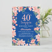 サプライズ40th誕生日ピンクのフローラ花ブルー 招待状 (スタンド正面)