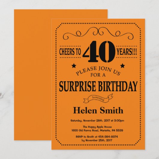 サプライズ40th誕生日ブラックとオレンジ 招待状 (正面/裏面)