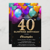 サプライズ40th誕生日ブラックと金ゴールドバルーン 招待状 (正面/裏面)