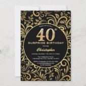 サプライズ40th誕生日ブラックと金ゴールドフローラ 招待状 (正面)