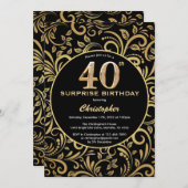 サプライズ40th誕生日ブラックと金ゴールドフローラ 招待状 (正面/裏面)