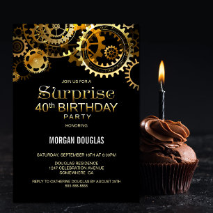 サプライズ40th誕生日ブラック金ゴールドスチームパンク 招待状