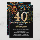 サプライズ40th誕生日ブラック金ゴールドレインボー花火 招待状 (正面/裏面)