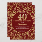 サプライズ40th誕生日ブルゴーニュ赤&金ゴールドフローラ 招待状 (正面/裏面)