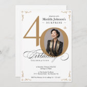 サプライズ40th誕生日ホワイト金ゴールドエレガントカスタム 招待状 (正面/裏面)