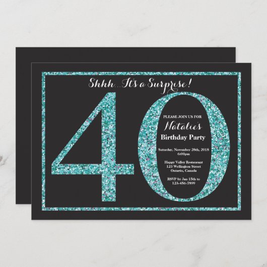 サプライズ40th誕生日招待状ティール(緑がかった色)グリッター 招待状 (正面/裏面)