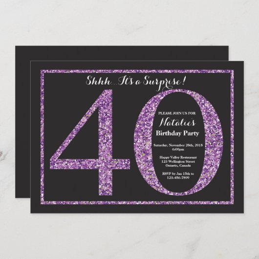 サプライズ40th誕生日招待状パープルグリッター 招待状 (正面/裏面)