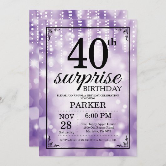 サプライズ40th誕生日招待状パープルグリッター 招待状 (正面/裏面)