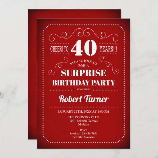 サプライズ40th誕生日招待状 – 赤白 招待状 (正面/裏面)
