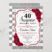 サプライズ40th誕生日 – シルバーホワイトレッド 招待状 (正面/裏面)