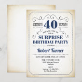 サプライズ40th誕生日 – ネイビーブルーホワイトブラック 招待状 (正面/裏面)