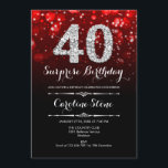 サプライズ40th誕生日 – ブラックレッドシルバー 招待状<br><div class="desc">サプライズ40th誕生日招待状。黒エレガント赤デザインとフェイクグリッター銀大人の誕生日。ダイヤモンド、《写真》ぼけ味ライト、スクリプトフォント。男女の招待状。誕生日パーティスタイリッシュに最適。メッセージもしの詳細なカスタマイズが必要。</div>