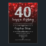 サプライズ40th誕生日 – ブラックレッドシルバー 招待状<br><div class="desc">サプライズ40th誕生日招待状。黒エレガント赤デザインとフェイクグリッター銀大人の誕生日。ダイヤモンド、《写真》ぼけ味ライト、スクリプトフォント。男女の招待状。誕生日パーティスタイリッシュに最適。メッセージもしの詳細なカスタマイズが必要。</div>