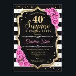 サプライズ40th誕生日 – 白黒ピンク 招待状<br><div class="desc">サプライズ40th誕生日招待状。黒フェミニン色、白、ピンクのデザインとフェイクグリッター金ゴールド。ブラックとホワイトのストライプフォント、ピンクのバラ、スクリプトのバラと紙吹雪。エレガントな誕生日パーティーに最適。任意のパーソナライズされた年齢を示すことができる。メッセージもしの詳細なカスタマイズが必要。</div>
