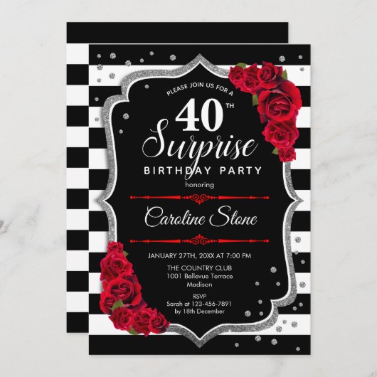 サプライズ40th誕生日 – 白黒赤 招待状 (正面/裏面)