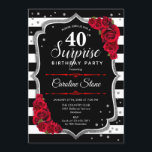サプライズ40th誕生日 – 白黒赤 招待状<br><div class="desc">サプライズ40th誕生日招待状。黒フェミニン白の赤いデザインとグリッター銀フェイク。白黒の、赤ストライプいバラ、スクリプトフォント、紙吹雪を備えている。エレガントな誕生日パーティーに最適。任意のパーソナライズされた年齢を示すことができる。メッセージもしの詳細なカスタマイズが必要。</div>