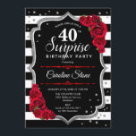 サプライズ40th誕生日 – 白黒赤 招待状<br><div class="desc">サプライズ40th誕生日招待状。黒フェミニン白の赤いデザインとグリッター銀フェイク。白黒の、赤ストライプいバラ、スクリプトフォント、紙吹雪を備えている。エレガントな誕生日パーティーに最適。任意のパーソナライズされた年齢を示すことができる。メッセージもしの詳細なカスタマイズが必要。</div>