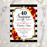 サプライズ40th Birthday - Red Roses Sunflowers 招待状<br><div class="desc">サプライズ40th誕生日招待状。フェミニンデザインとフェイクグリッター金ゴールド。ひまわり、赤いバラ、白黒のストライプフォント、スクリプト紙吹雪。エレガントな誕生日パーティーに最適。任意のパーソナライズされた年齢を示すことができる。メッセージもしの詳細なカスタマイズが必要。</div>