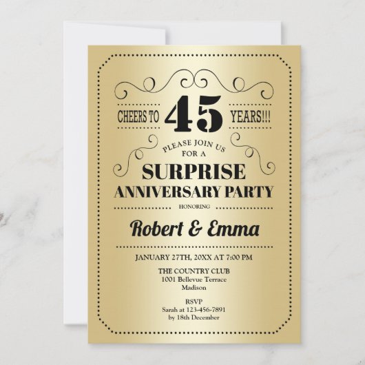 サプライズ45周年パーティー - ゴールド ブラック 招待状 (正面)