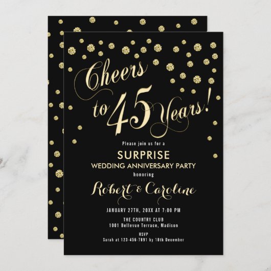 サプライズ45結婚周年記念 – ブラック&金ゴールド 招待状 (正面/裏面)