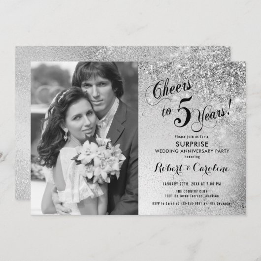 サプライズ5周年記念 フォト付き - シルバー ホワイト 招待状 (正面/裏面)
