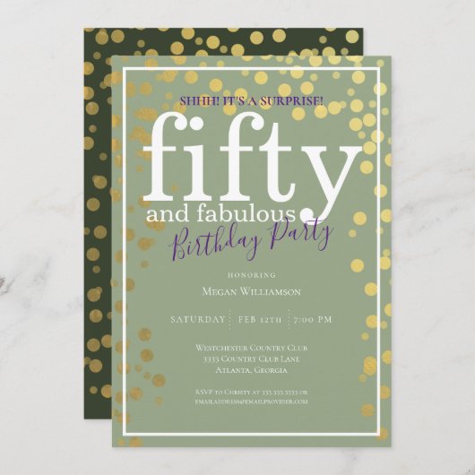 サプライズ50と素晴らしい誕生日パープル金ゴールド 招待状 (正面/裏面)