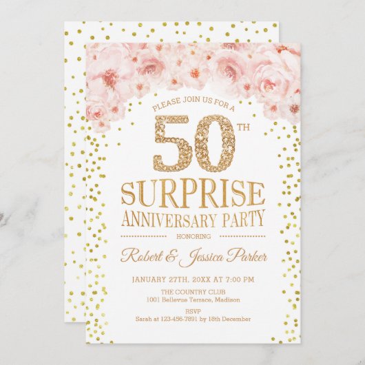 サプライズ50周年パーティー - ホワイトゴールド 招待状 (正面/裏面)