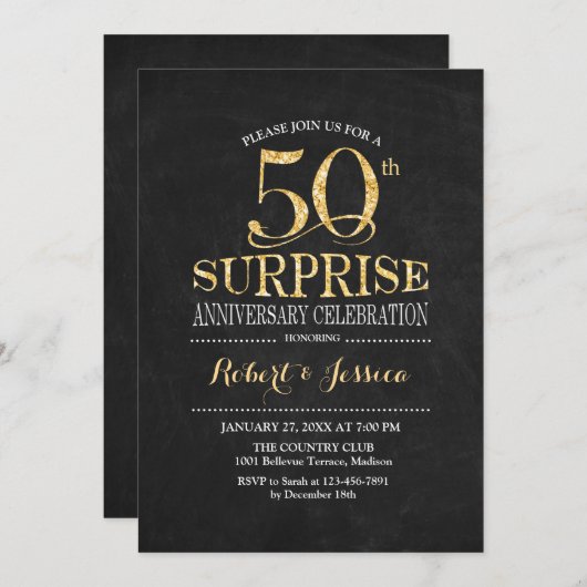 サプライズ50周年結婚記念日チョークボードゴールド 招待状 (正面/裏面)