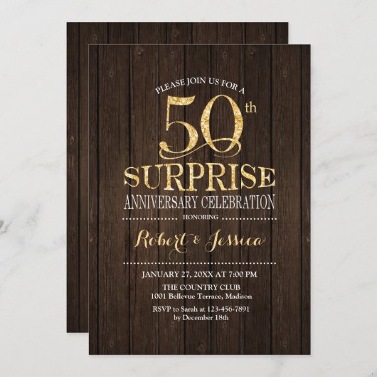 サプライズ50周年結婚記念日 ウッド ゴールド 招待状 (正面/裏面)