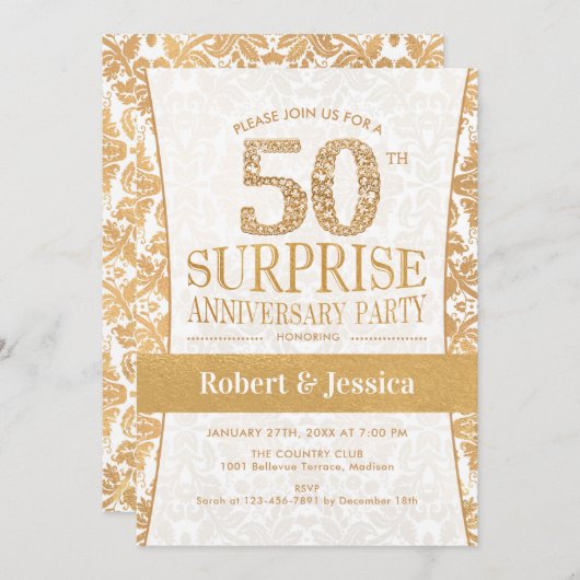サプライズ50周年記念パーティー-金ゴールドホワイト 招待状 (正面/裏面)