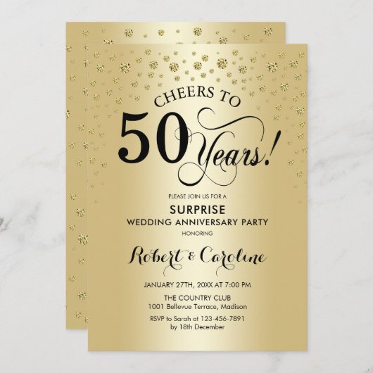 サプライズ50周年記念祝賀 - ゴールド ブラック 招待状 (正面/裏面)