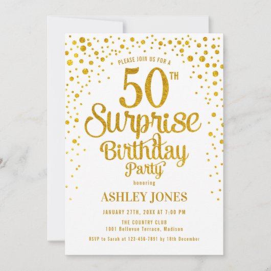 サプライズ50歳の誕生日パーティー - ゴールド＆ホワイト 招待状 (正面)