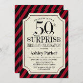 サプライズ50歳の誕生日パーティー - ブラックレッドのストライプ 招待状 (正面/裏面)