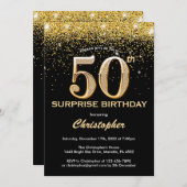 サプライズ50歳の誕生日 ブラックとゴールドのグリッター 招待状 (正面/裏面)