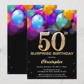 サプライズ50歳の誕生日 ブラックとゴールドの風船 招待状 (正面/裏面)