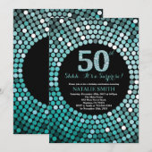 サプライズ50歳の誕生日 ブラックとターコイズグリッター 招待状 (正面/裏面)